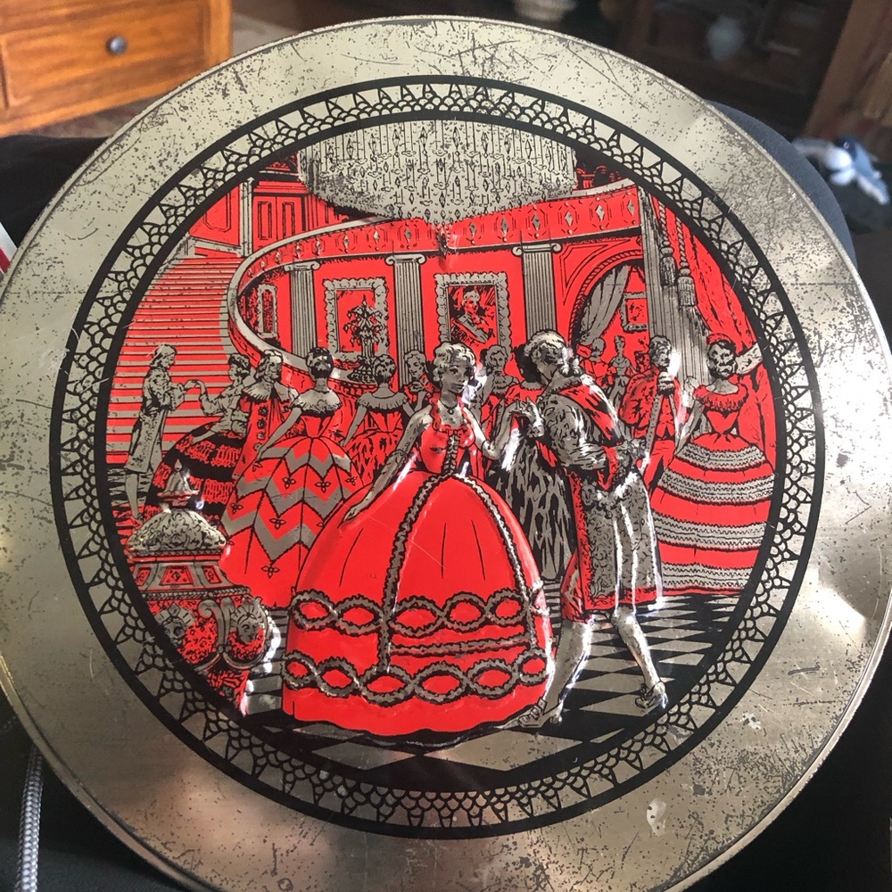 Vintage- Rare Style Decorative  Fruit Cake Tin with Red Ballroom Design